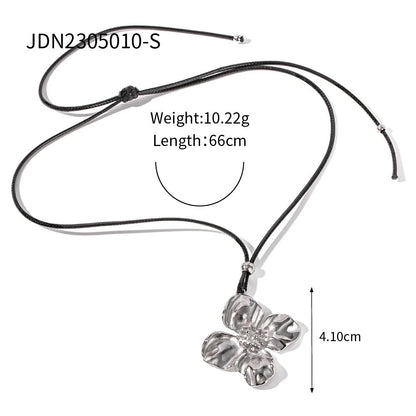 3D Statement Flower Black Leather Suede Cord Necklace--Dazzledvenus