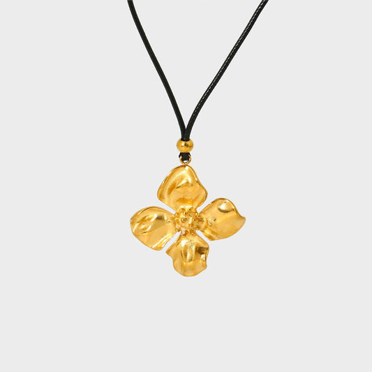 3D Statement Flower Black Leather Suede Cord Necklace-Gold-Dazzledvenus