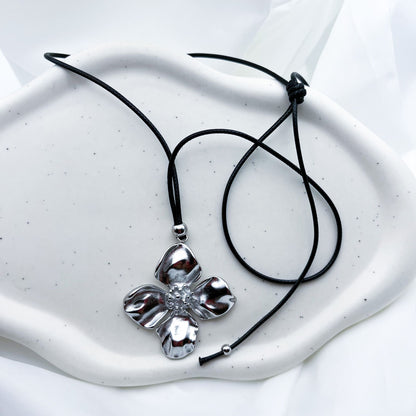3D Statement Flower Black Leather Suede Cord Necklace-Dazzledvenus