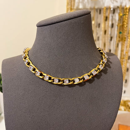 Two Tone Crystal Studded Cuban Link Chain Necklace-Dazzledvenus
