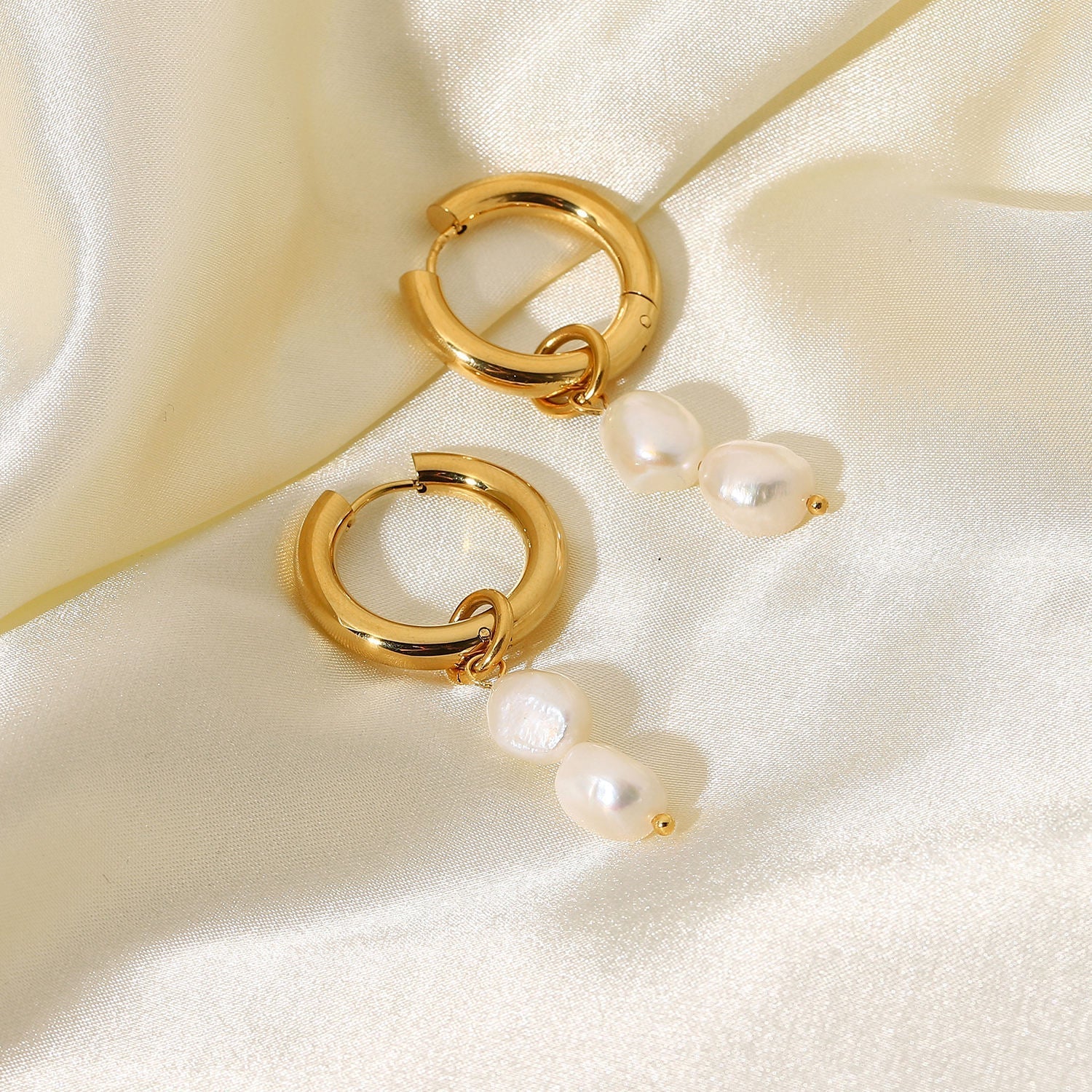 Baroque Double Pearl Drop Hoop Earring--Dazzledvenus