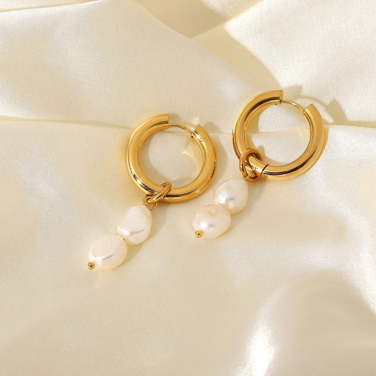 Baroque Double Pearl Drop Hoop Earring--Dazzledvenus