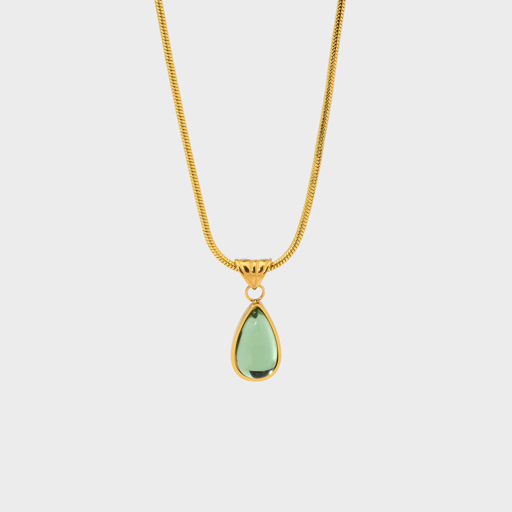 Blue Green Tear Drop Pendant Necklace-Green Glass Pendant With Gold Chain-Dazzledvenus