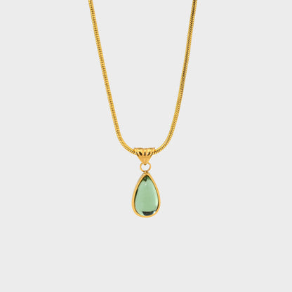 Blue Green Tear Drop Pendant Necklace-Green Glass Pendant With Gold Chain-Dazzledvenus