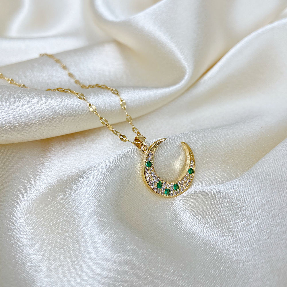 Emerald Moon Necklace-Explore our exclusive CZ Emerald Crescent Moon Necklace collection. Elevate your style with our stunning designs. Order now for a touch of elegance! 🚀-Dazzledvenus