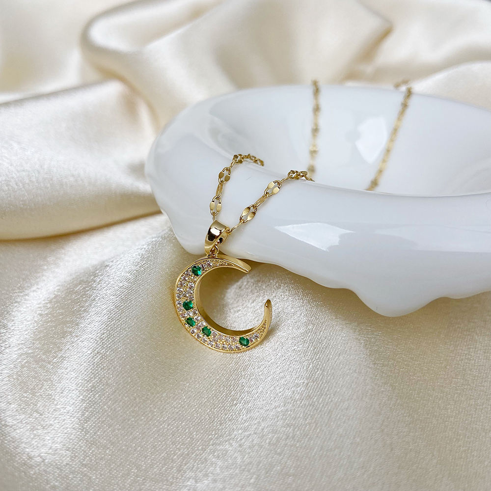 CZ Emerald Crescent Moon Necklace-Explore our exclusive CZ Emerald Crescent Moon Necklace collection. Elevate your style with our stunning designs. Order now for a touch of elegance! 🚀-Dazzledvenus