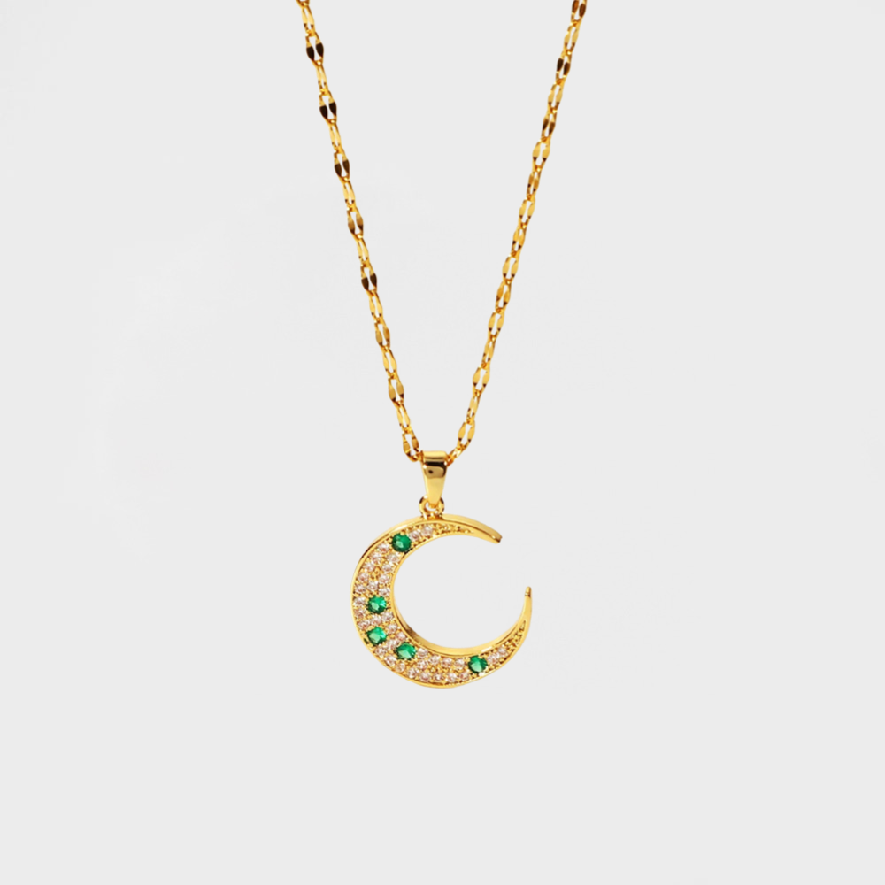 Emerald Moon Necklace-Explore our exclusive CZ Emerald Crescent Moon Necklace collection. Elevate your style with our stunning designs. Order now for a touch of elegance! 🚀-Dazzledvenus