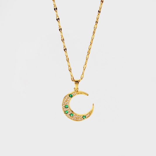 CZ Emerald Crescent Moon Necklace-Explore our exclusive CZ Emerald Crescent Moon Necklace collection. Elevate your style with our stunning designs. Order now for a touch of elegance! 🚀-Dazzledvenus