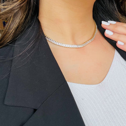 CZ Iced Out Baguette Tennis Necklace-Elevate your style with our stunning CZ Iced Out Baguette Tennis Necklace. Experience the brilliance of cubic zirconia. Shop now to sparkle and shine. 💕-Dazzledvenus