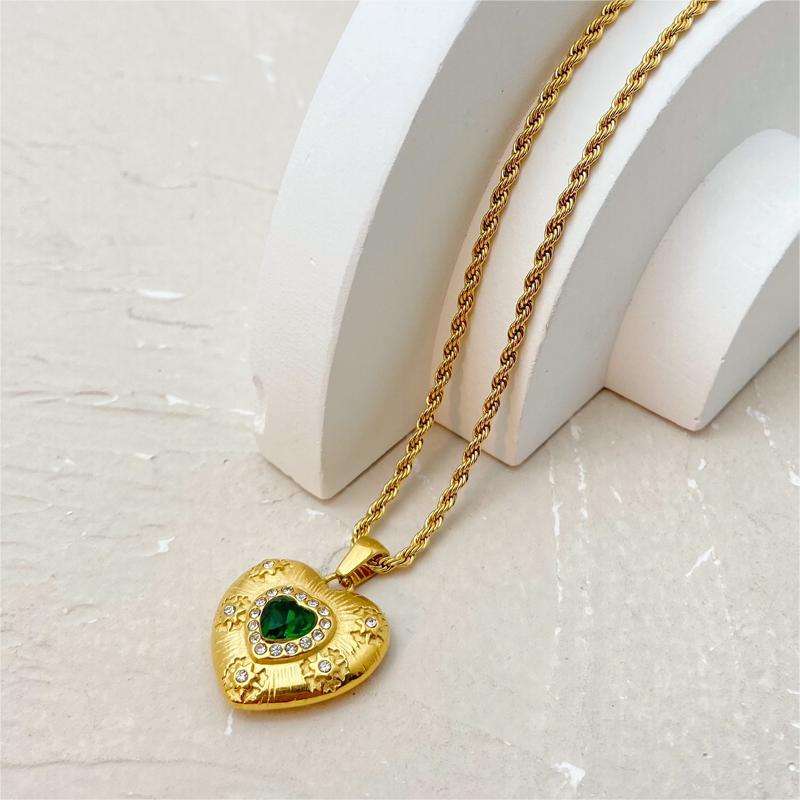 CZ May Birthstone Emerald Heart Pendant Necklace--Dazzledvenus