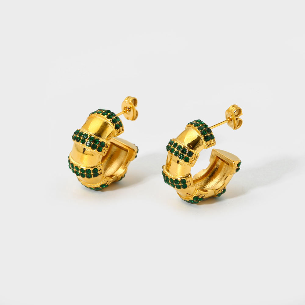 CZ Pleated Chunky Small Hoop Earring-Green CZ Stone-Dazzledvenus