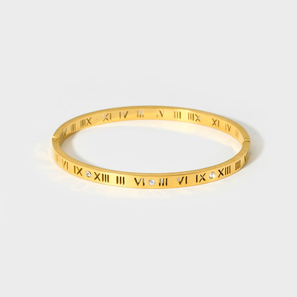 CZ Roman Numerals Bangle Bracelet-Gold-Dazzledvenus