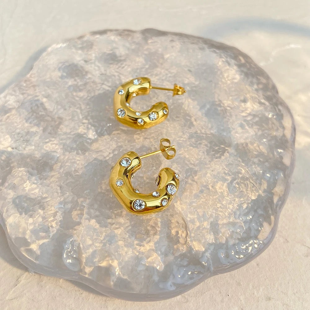 CZ Small Chunky C Shaped Solid Hoop Earrings--Dazzledvenus