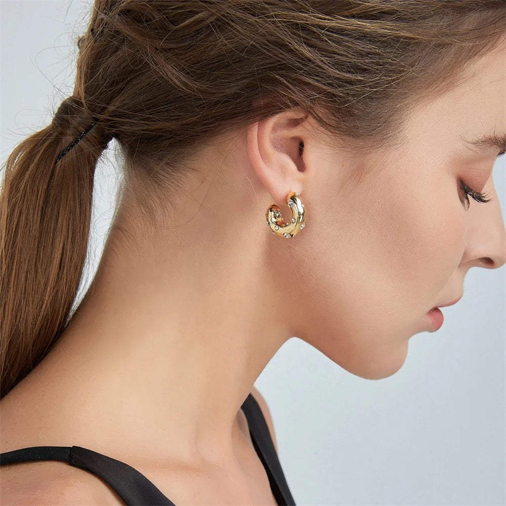 CZ Small Chunky C Shaped Solid Hoop Earrings--Dazzledvenus