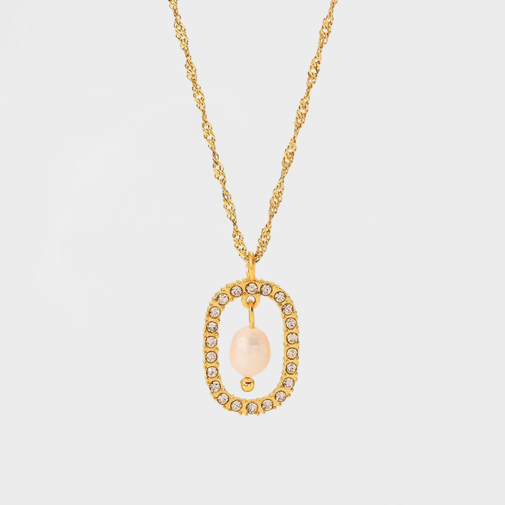 CZ Suspended Pearl Oval Pendant Necklace--Dazzledvenus