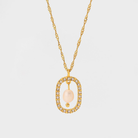CZ Suspended Pearl Oval Pendant Necklace--Dazzledvenus