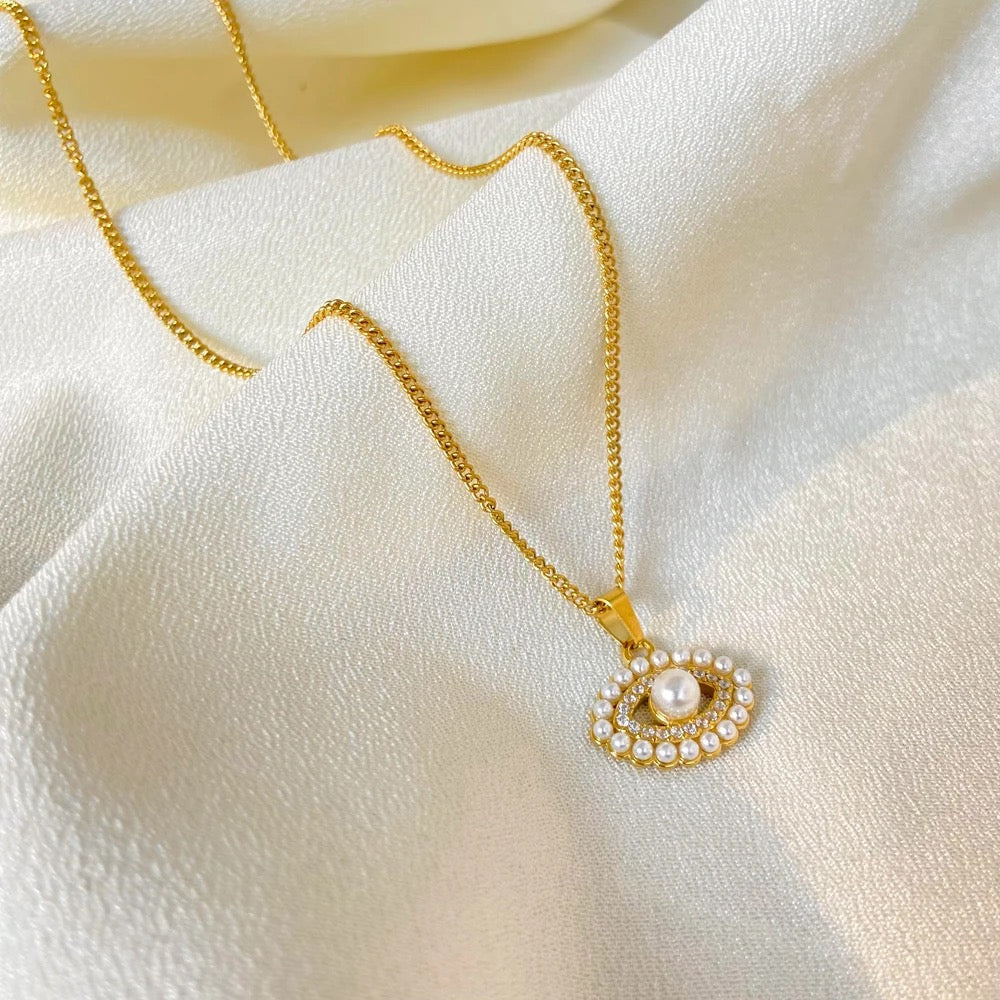 CZ Zircon Evil Eye Pearl Pendant Necklace-Shop our collection of classic and elegant pearl pendant necklaces online. Elevate your style with timeless sophistication. Purchase yours now!🎯-Dazzledvenus
