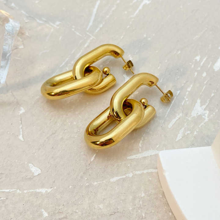 Chunky Double Chain Drop Hoop Earrings-Shop double hoop earrings online for a stylish look. Our dual hoops elevate your style instantly. Find your perfect pair and make a fashion statement today!🎯-Dazzledvenus