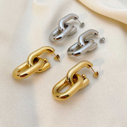 Chunky Double Chain Drop Hoop Earrings-Shop double hoop earrings online for a stylish look. Our dual hoops elevate your style instantly. Find your perfect pair and make a fashion statement today!🎯-Dazzledvenus