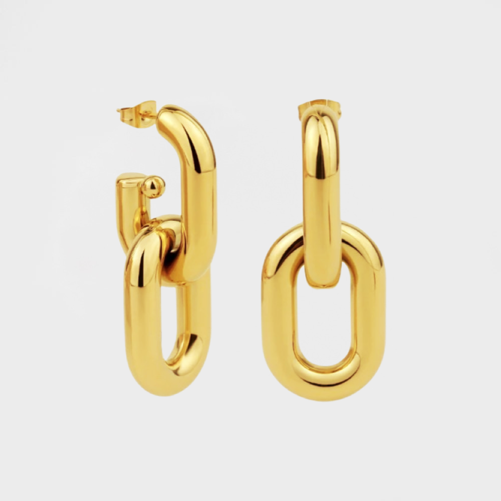 Chunky Double Chain Drop Hoop Earrings-Gold-Shop double hoop earrings online for a stylish look. Our dual hoops elevate your style instantly. Find your perfect pair and make a fashion statement today!🎯-Dazzledvenus