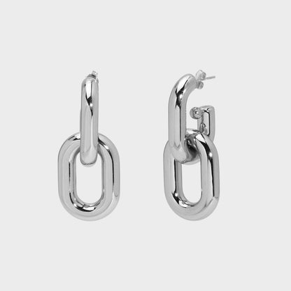 Chunky Double Chain Drop Hoop Earrings-Silver-Shop double hoop earrings online for a stylish look. Our dual hoops elevate your style instantly. Find your perfect pair and make a fashion statement today!🎯-Dazzledvenus