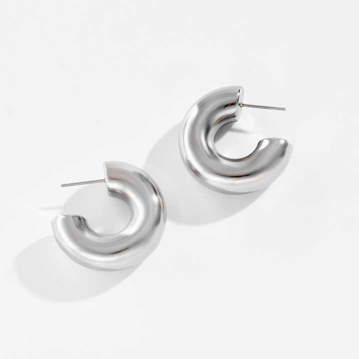 Chunky Hollow Tube Earring-Silver-Discover trendy and stunning Chunky Hollow C-Shape Earring online! Elevate her look with our collection of fashionable earrings designed for her unique taste.-Dazzledvenus