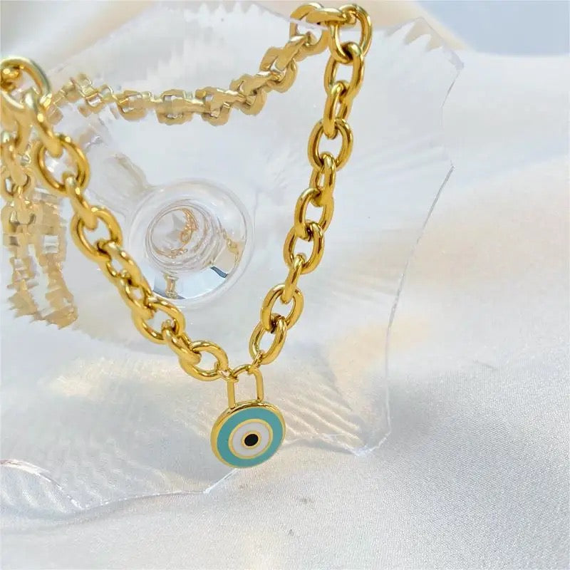 Evil Eye Round Pendant Link Necklace--Dazzledvenus