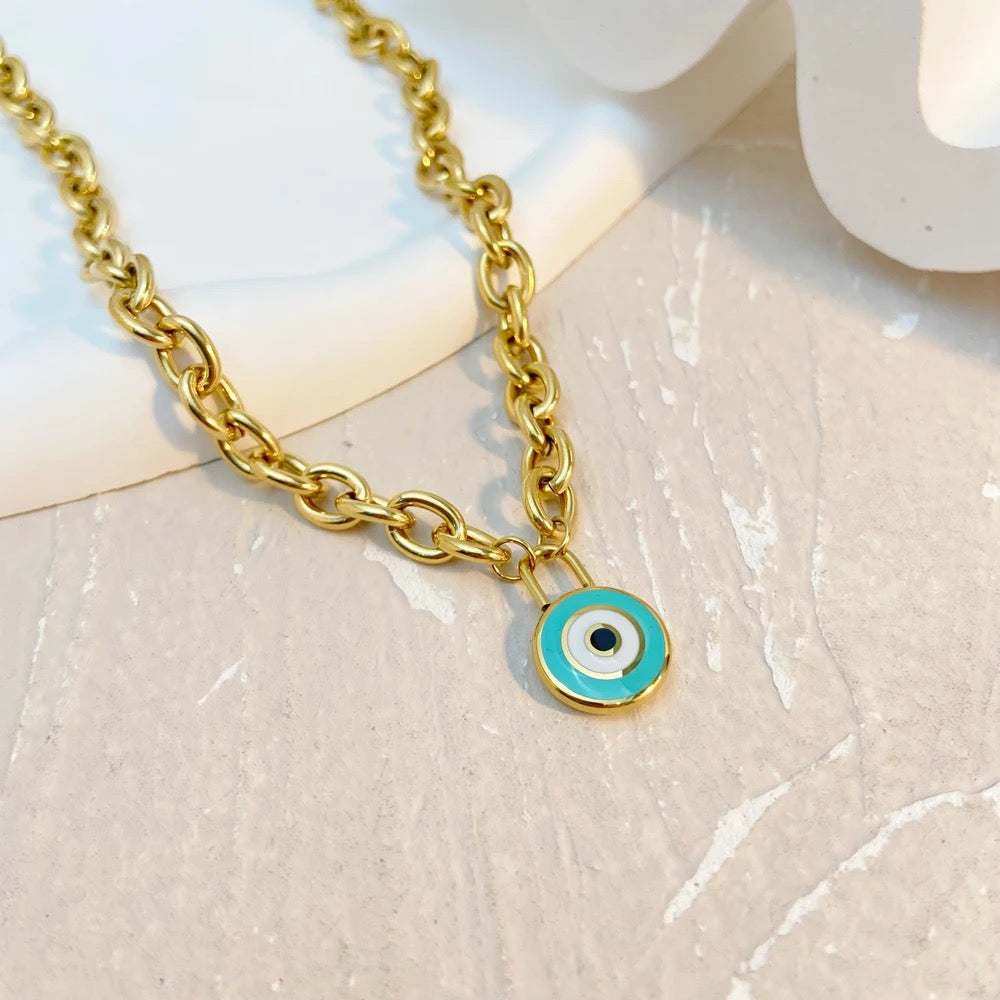 Evil Eye Round Pendant Link Necklace-Dazzledvenus