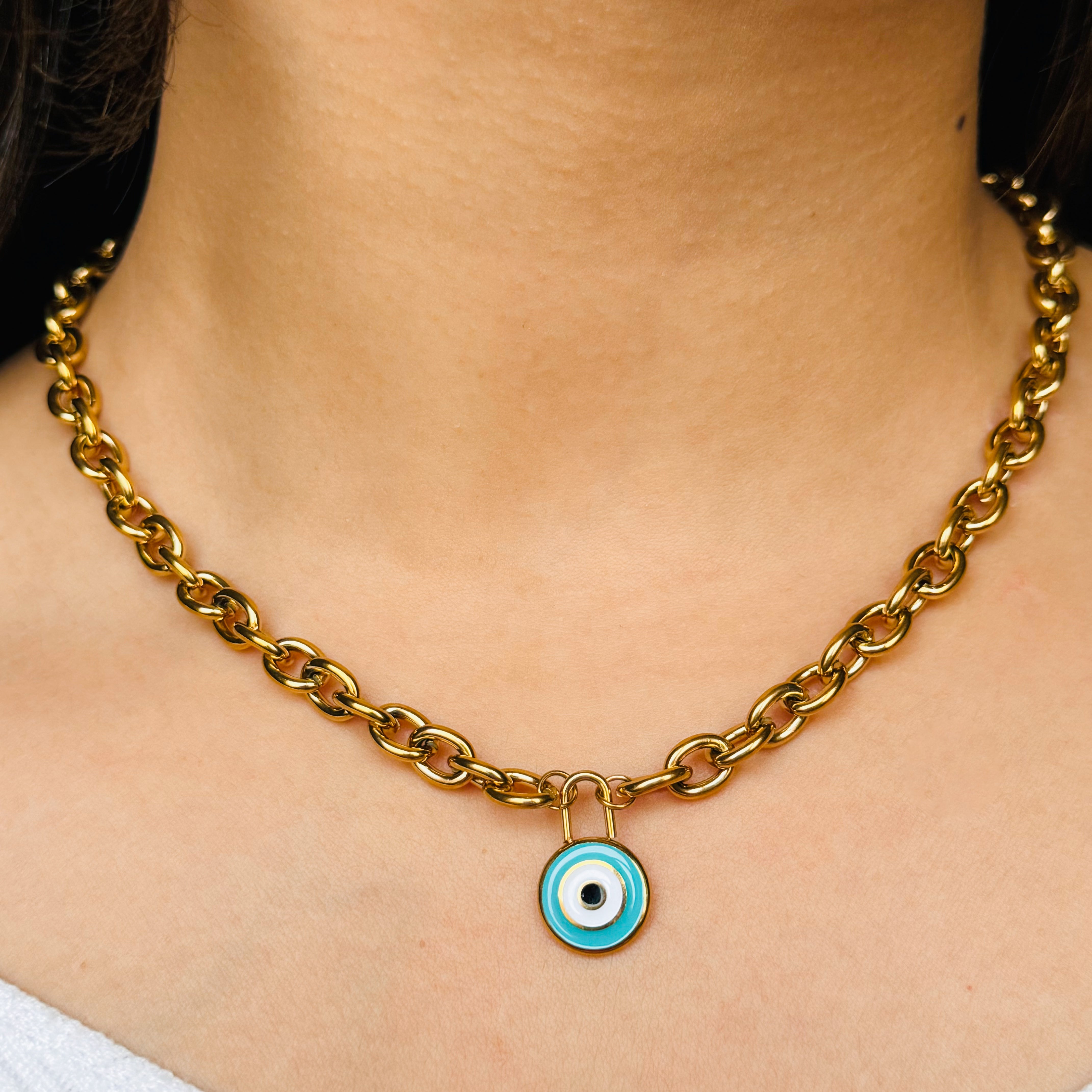 Evil Eye Round Pendant Link Necklace--Dazzledvenus