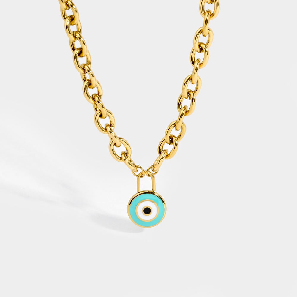 Evil Eye Round Pendant Link Necklace-Dazzledvenus