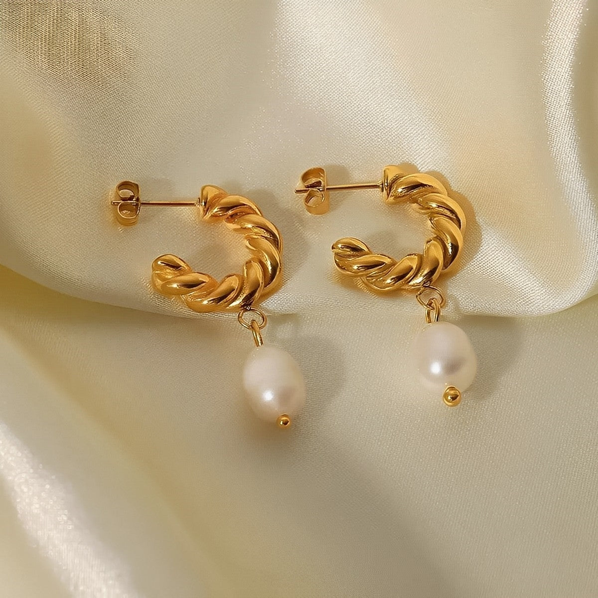 French Twisted Pearl Hoop Earring-Gold-Dazzledvenus