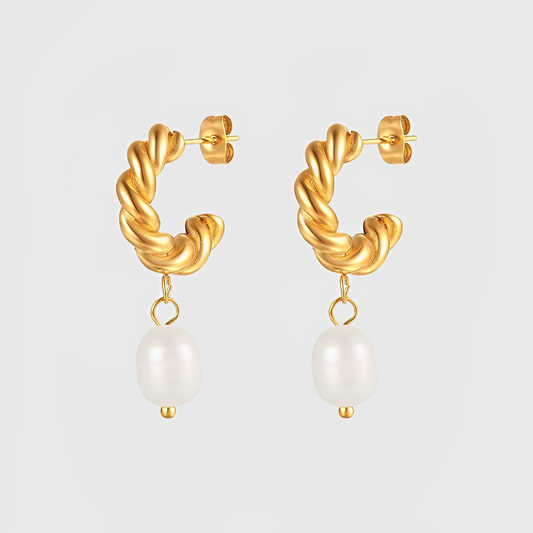 French Twisted Pearl Hoop Earring-Gold-Dazzledvenus