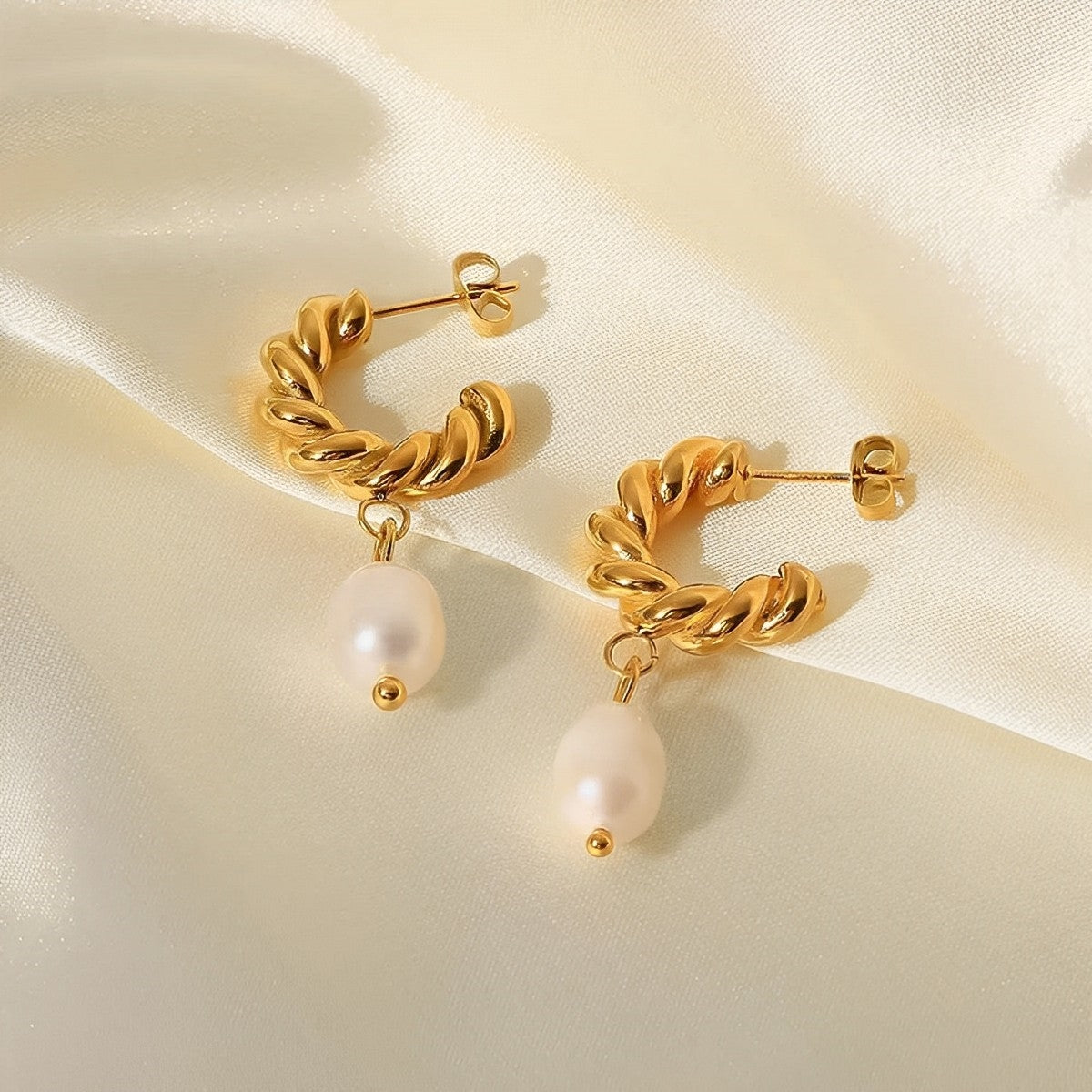 French Twisted Pearl Hoop Earring-Gold-Dazzledvenus