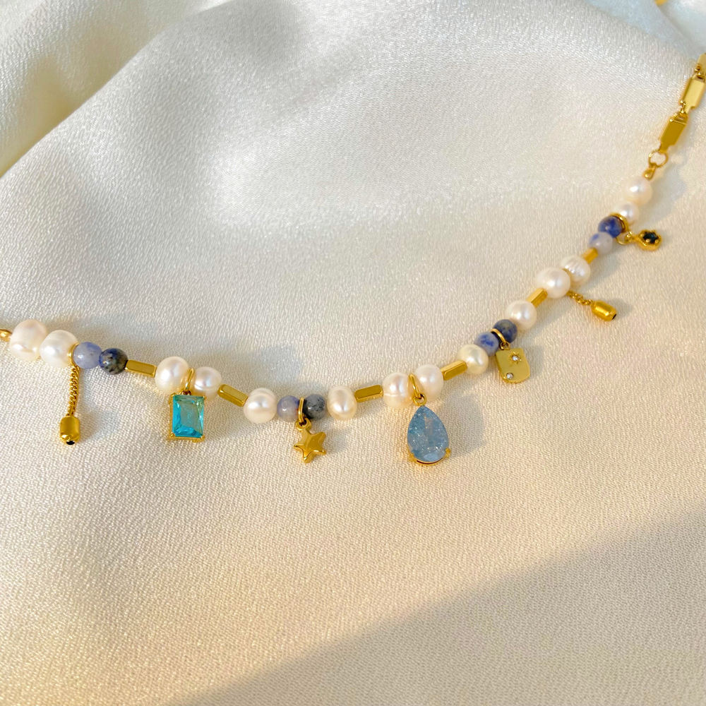 Fresh Water Pearls & Dangling Charms Blue Necklace--Dazzledvenus