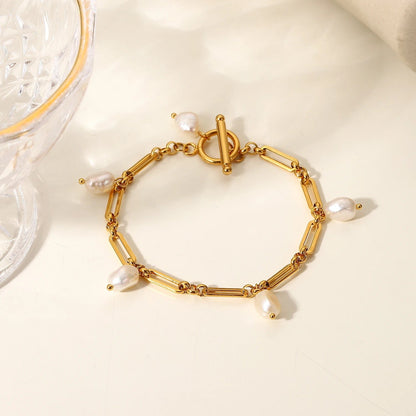 Fresh Water Pearls Link Chain Toggle Bracelet--Dazzledvenus