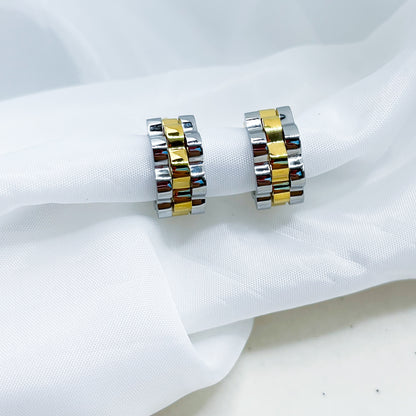 Watch Band Link Two Tone Huggie Hoop Earring-Dazzledvenus