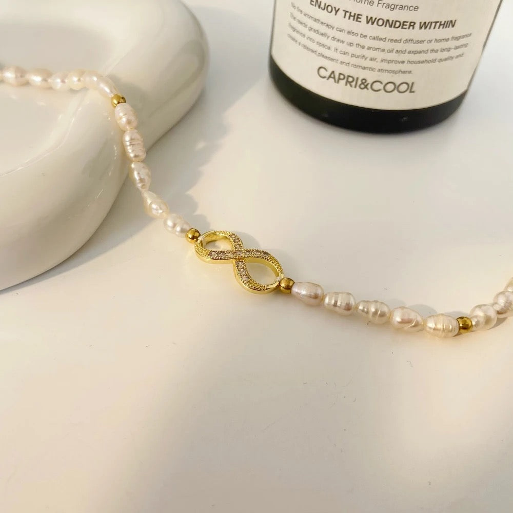 Infinity Zircon Pearl Bracelet--Dazzledvenus