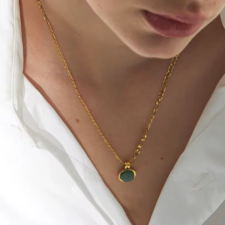 Jade Stone Figaro Necklace-Gold Figaro chain necklace featuring a natural green jade stone pendant. 18k gold plated, non-tarnish and waterproof. A beautiful everyday necklace shipped worldwide.-Dazzledvenus