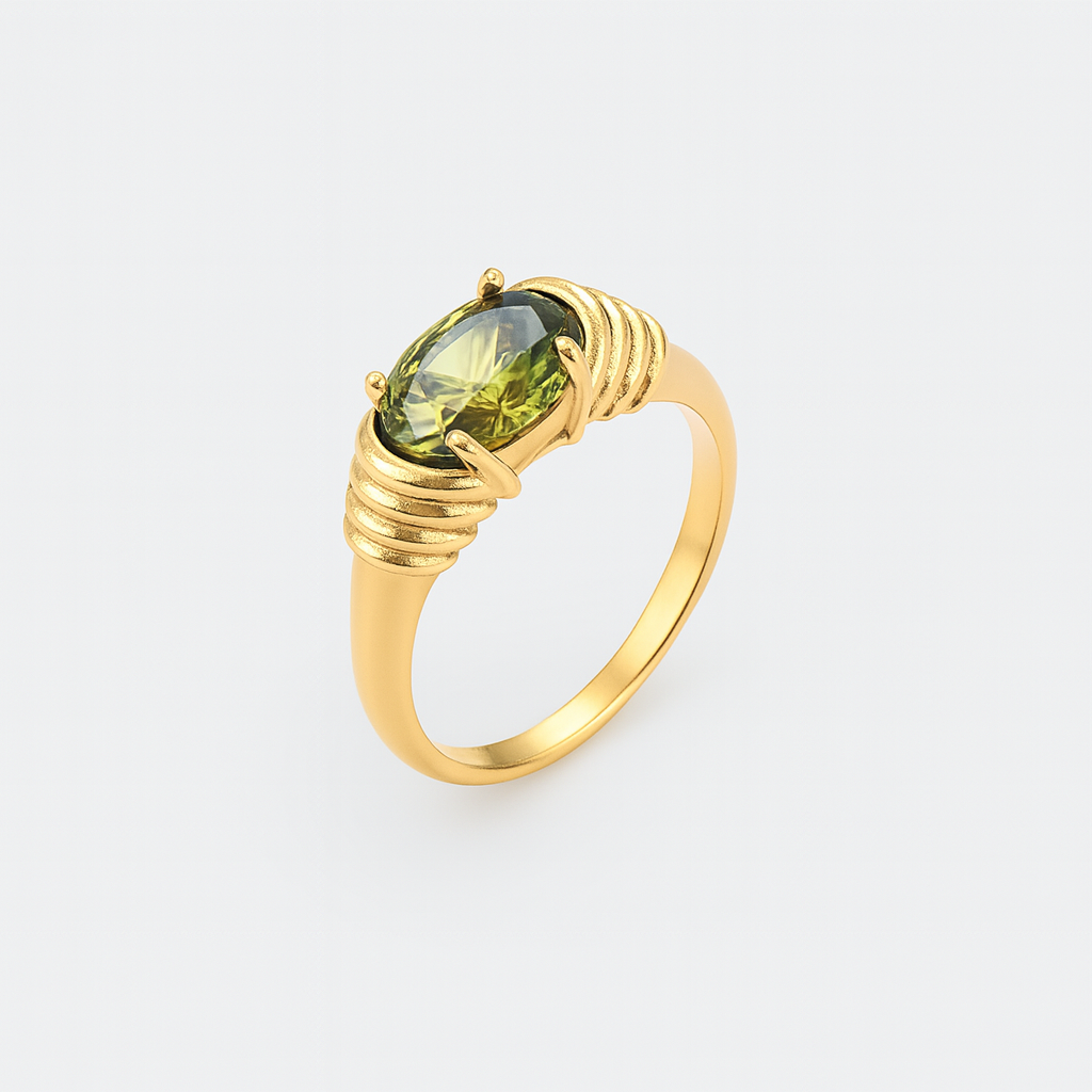 Emerald Isle Signet Ring-Elegant Emerald Isle Signet Ring featuring a vibrant green stone. Gold-plated,waterproof, tarnish-free and hypoallergenic. Inspired by the beauty of Ireland.-Dazzledvenus