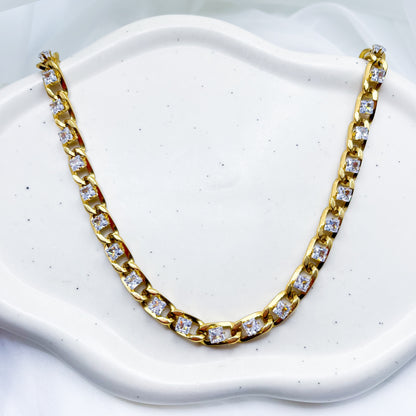 Two Tone Crystal Studded Cuban Link Chain Necklace-Dazzledvenus