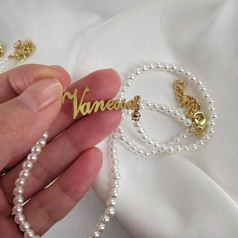 Personalised Custom Pearl Name Necklace-Dazzledvenus