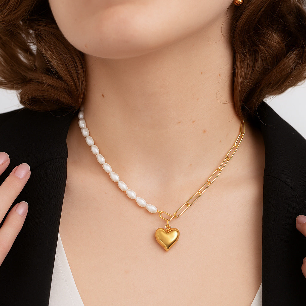 Paperclip Pearl Heart Necklace-Dazzledvenus