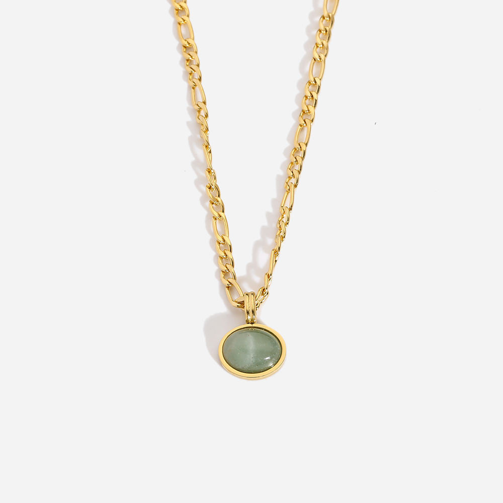 Jade Stone Figaro Necklace-Gold Figaro chain necklace featuring a natural green jade stone pendant. 18k gold plated, non-tarnish and waterproof. A beautiful everyday necklace shipped worldwide.-Dazzledvenus