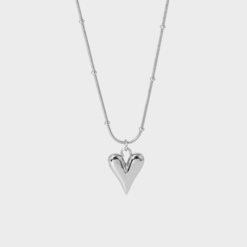 Love Heart Charm Pendant Necklace-Silver-Dazzledvenus