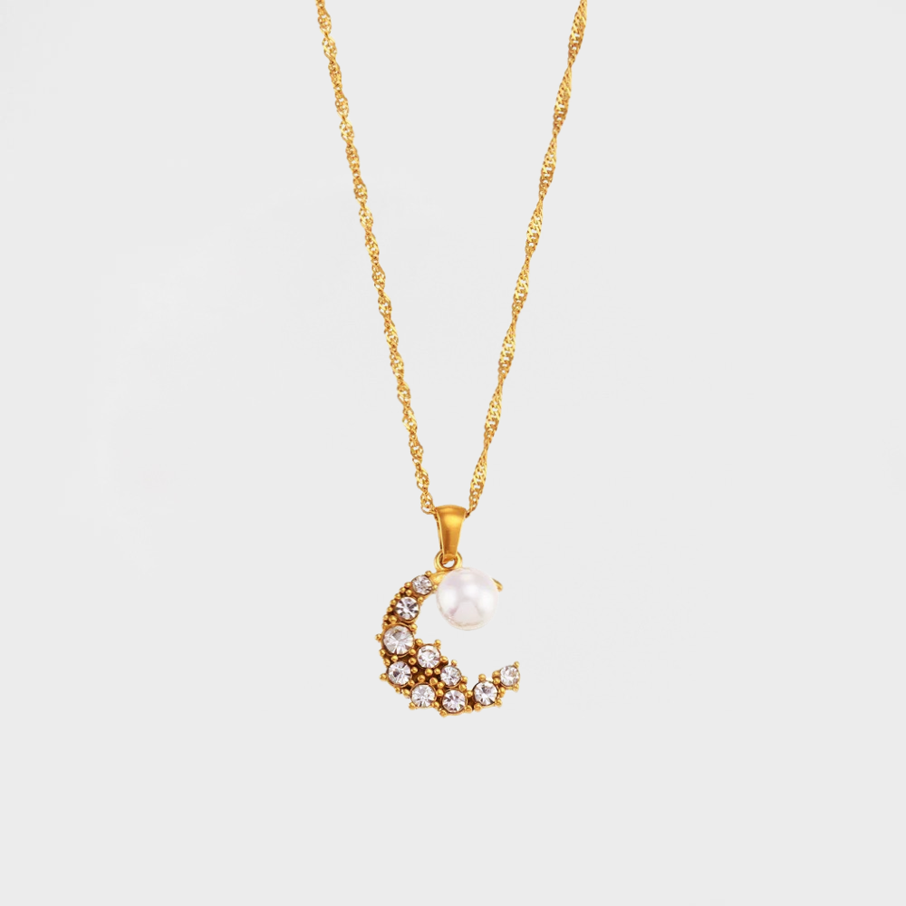 Moon Crescent CZ Pearl Necklace--Dazzledvenus