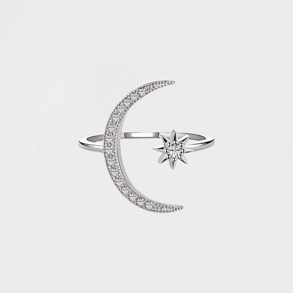 Moon & Star CZ Diamond Inlaid Open Ring--Dazzledvenus