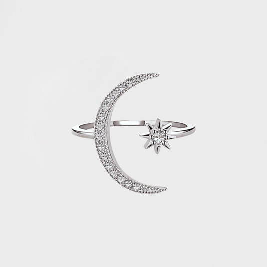 Moon & Star CZ Diamond Inlaid Open Ring--Dazzledvenus