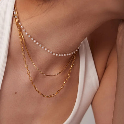 Pearl & Paperclip Triple Layer Necklace-Elevate your style with our elegant Pearl & Paperclip Triple Layer Necklace. Featuring a unique design, this accessory add sophistication to any outfit. Buy now-Dazzledvenus