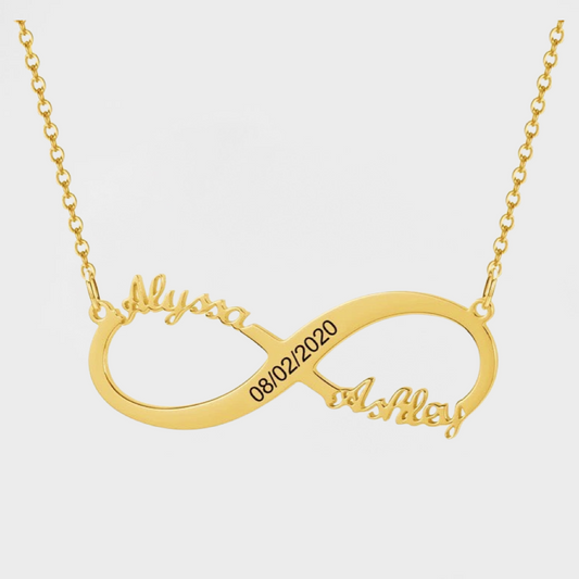 Personalized Infinity Love Name & Date Necklace-Discover the allure of a personalized double-name necklace. Elevate your style with this unique accessory, crafted just for you. Visit our website and order now-Dazzledvenus