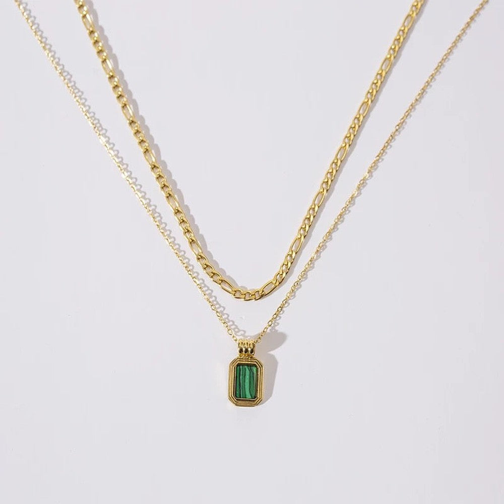 Square Pendant Figaro Chain Necklace-Green- Elevate your style with a stylish Square Pendant Figaro Chain Necklace. Shop now for the perfect accessory to complement any outfit. Buy yours today! 🏆-Dazzledvenus